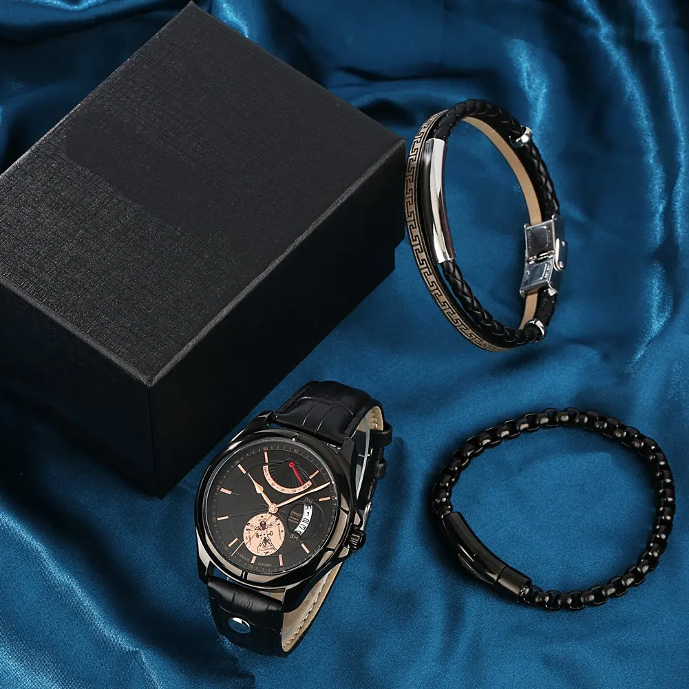Free Sample Men Waterproof Leather Calendar Quartz Wristwatch Bracelet Set Boyfriend Casual Gift Watch 3