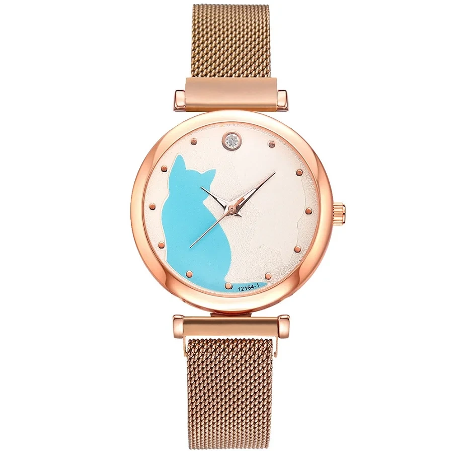 Muestra gratis de reloj de pulsera de cuarzo para mujer, pulsera de malla, esfera de gato lindo, relojes para mujer, conjunto de reloj magnético para mujer 1