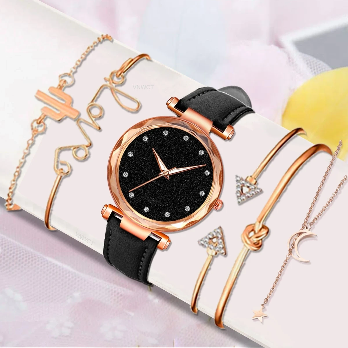 Free Sample Bracelet Set Romantic Starry Sky Quartz Watch Leather Belt Diamond Ladies Simple Women Watches 1