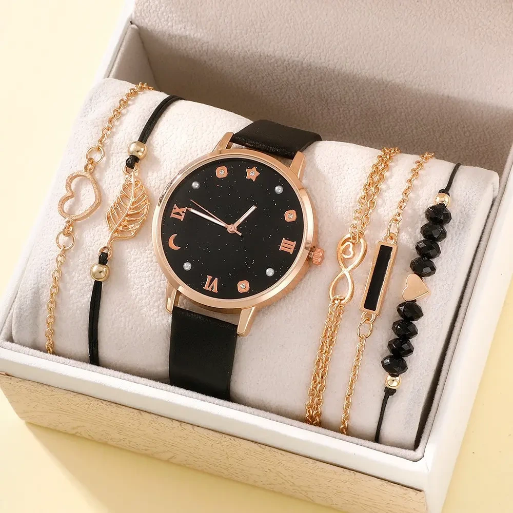 Free Sample Fashion Women's Watch Moon Star Dial Leather Quartz Wristwatch Leaf Heart Set Female Gift Watches 1