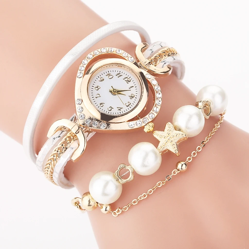 Free Sample Women Bracelet Watches Pearl Pendant Ladies Watch Leather Quartz Rhinestone Wristwatches 1