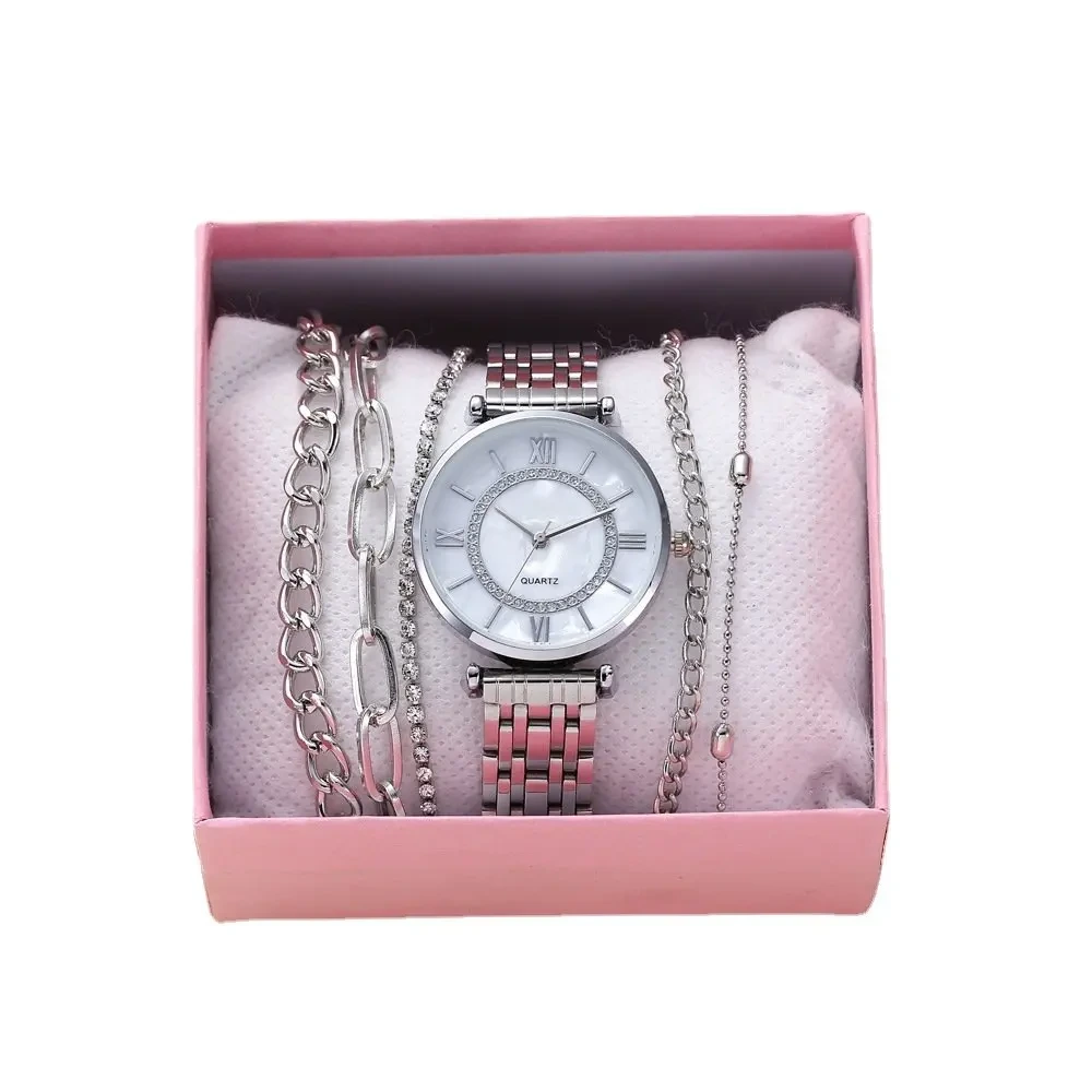 Muestra gratuita de tendencia de moda, reloj de pulsera de cuarzo con banda de acero y esfera Simple, conjunto de reloj de pulsera de regalo de ocio para mujer 1