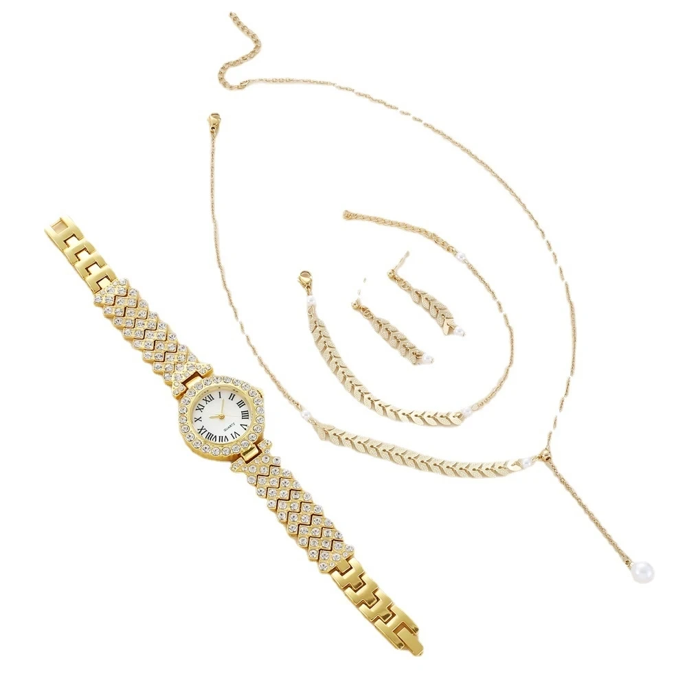 Échantillon gratuit montre à Quartz élégante avec diamants feuille polyvalente collier de perles Bracelet boucles d'oreilles ensemble de montres pour femmes 1