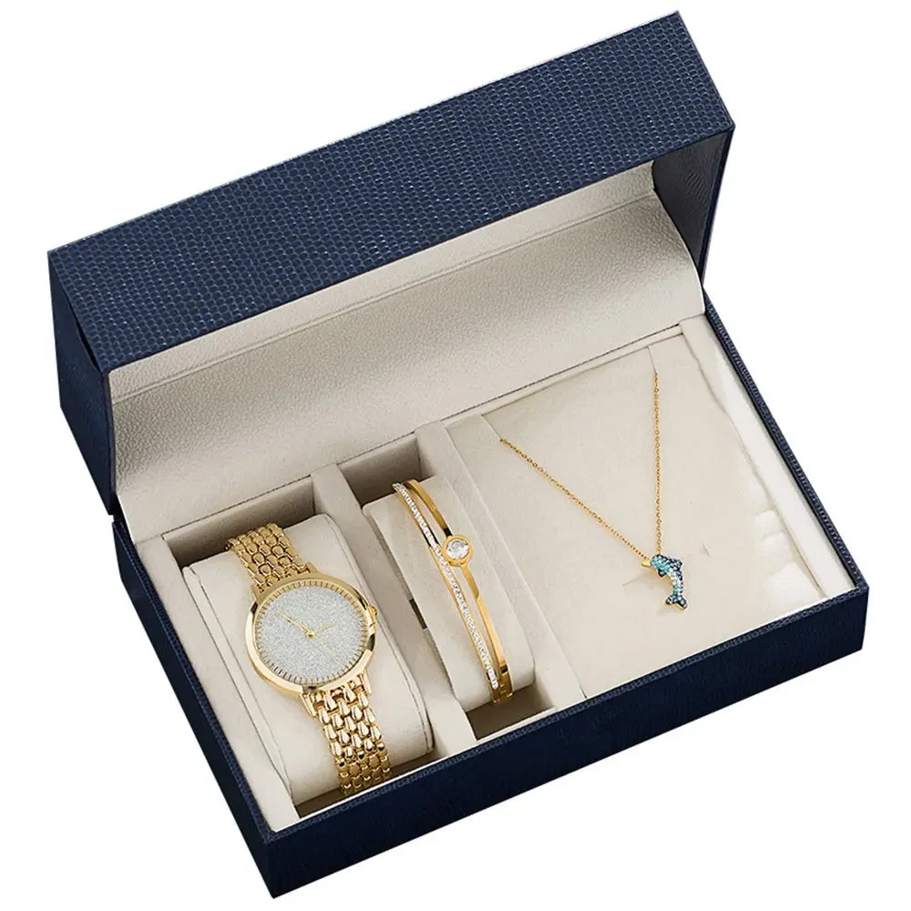 Muestra gratuita de relojes de cuarzo para mujer, reloj de pulsera de acero a la moda, conjunto de reloj combinado con pulsera de diamantes de acero inoxidable 1