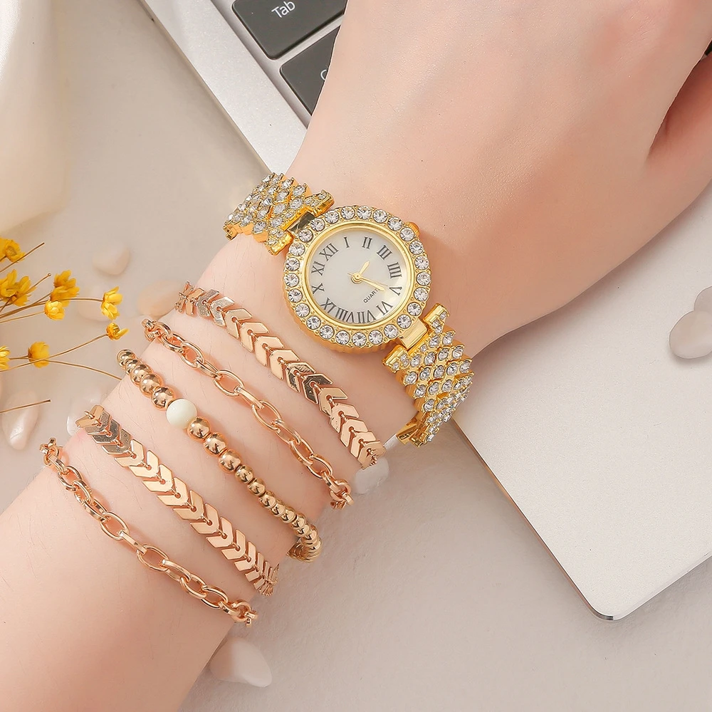 Muestra gratis, nuevo diseño, tendencia de moda, reloj de cuarzo sencillo con incrustaciones de diamantes para mujer, conjunto de regalo, relojes para mujer 5