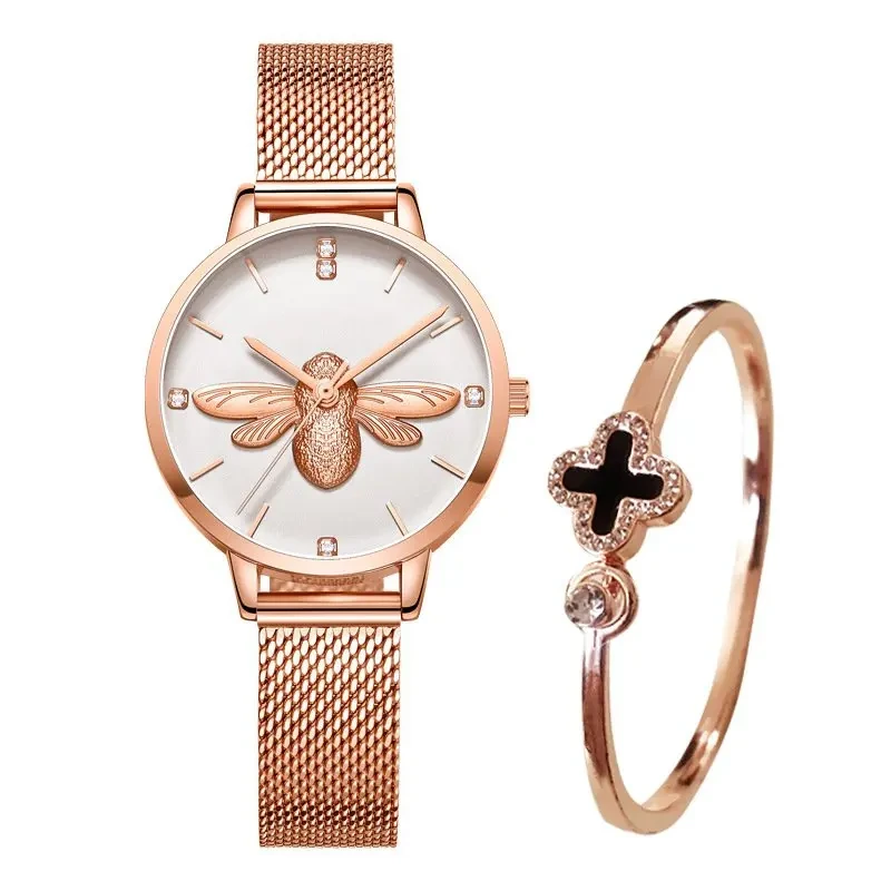 Échantillon gratuit nouveau Style petite abeille montre femmes tressé en acier bande mode Bracelet ensemble cadeau montre-Bracelet 1