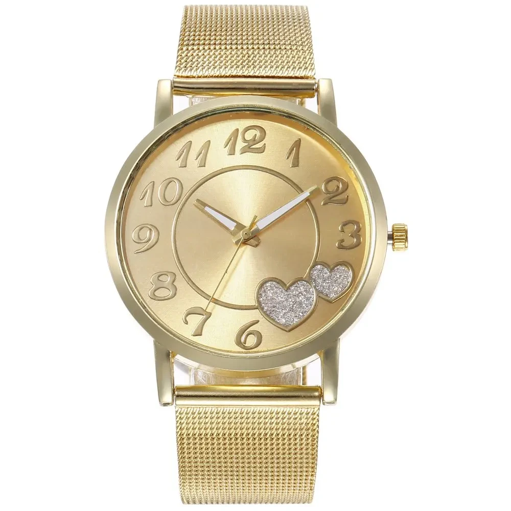 Muestra gratuita de moda para mujer, reloj conjunto de pulsera de relojes de cuarzo con banda de malla Digital grande y amor creativo 1