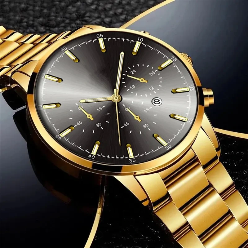 Muestra gratuita de relojes para hombre, reloj de pulsera de cuarzo de acero inoxidable informal de negocios, reloj de pulsera deportivo masculino con calendario 1