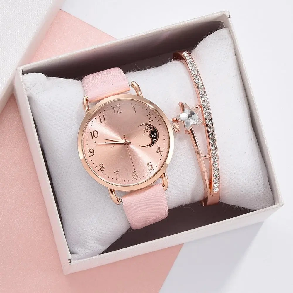Muestra gratuita de relojes para mujer, conjunto de pulsera con patrón de luna, reloj de pulsera de cuarzo de cuero informal para mujer 1