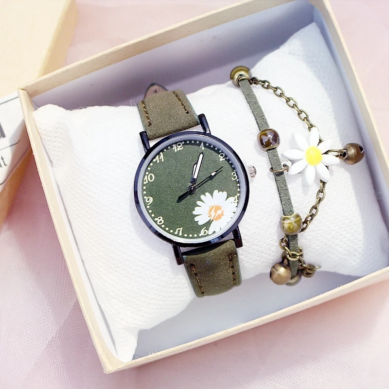 Muestra gratuita de relojes de pulsera bonitos con margaritas y flores para mujer, conjunto de pulsera, relojes femeninos de cuero mate informales 1