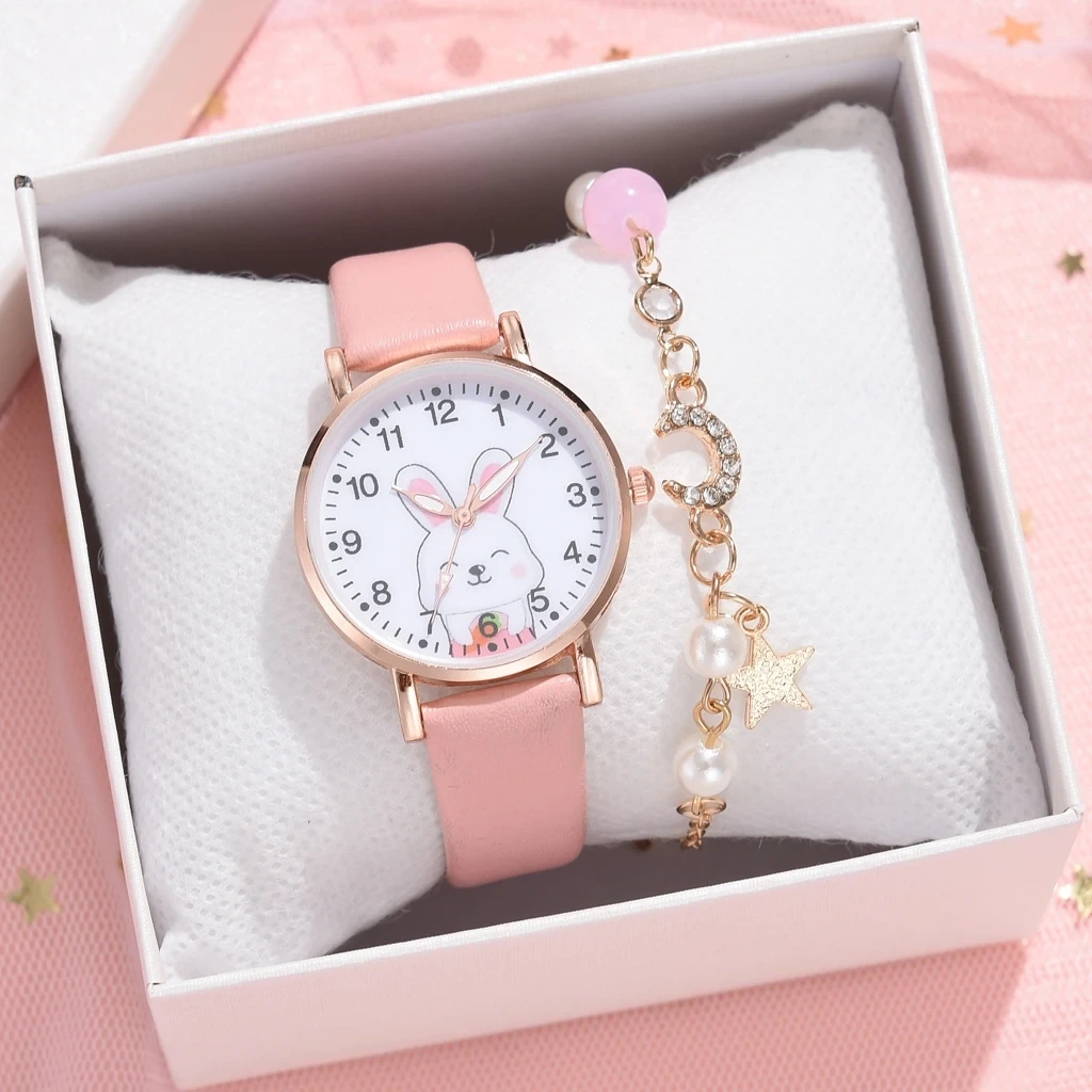 Free Sample Fashion Kids Watches Set Students Children Cartoon Rabbit Watch Leather Strap Girl Gift Quartz Wristwatch 1
