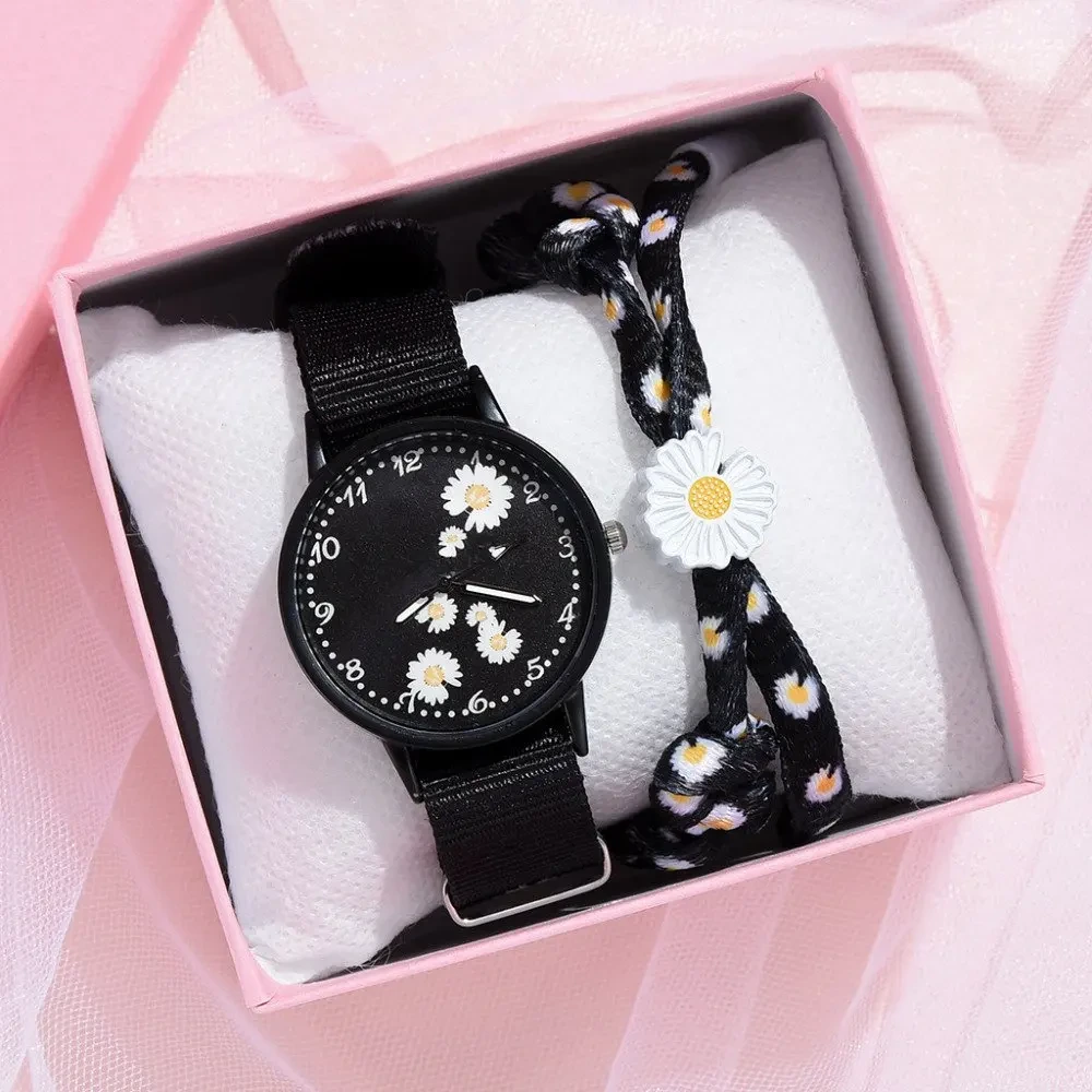 Échantillon gratuit femmes bracelet en nylon marguerite fleurs dames montres bracelet de mode ensemble montres à quartz 1