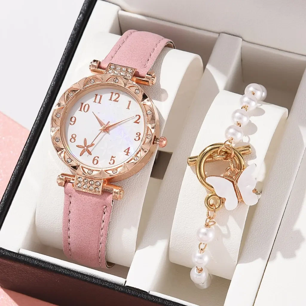 Muestra gratuita de relojes para mujer, conjunto de pulsera, reloj de pulsera de cuarzo, correa de cuero, reloj de regalo 1