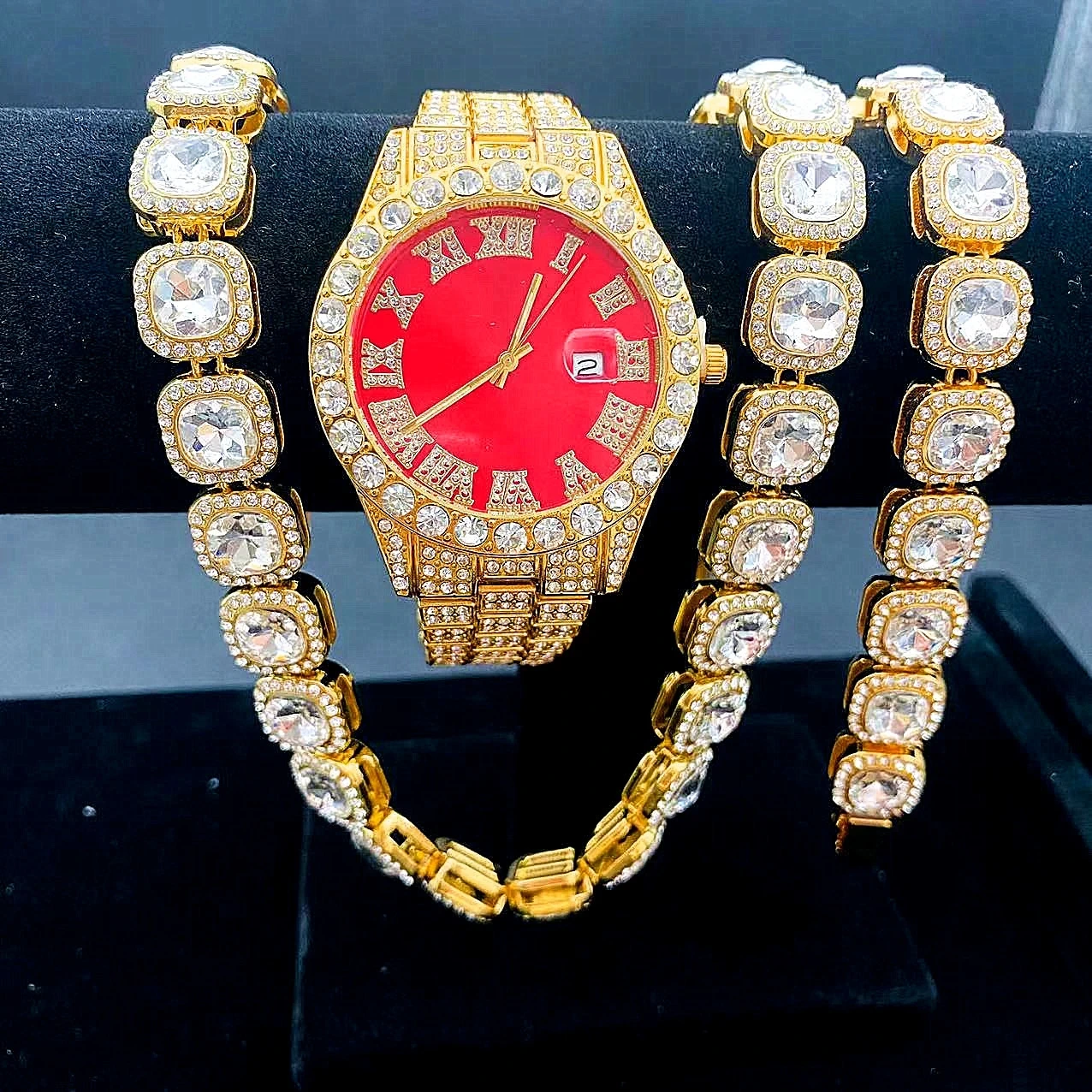 Free Sample New Fashion Bracelet Necklace Set Cuban Style Chain Men Watches Male Gift Watch 1