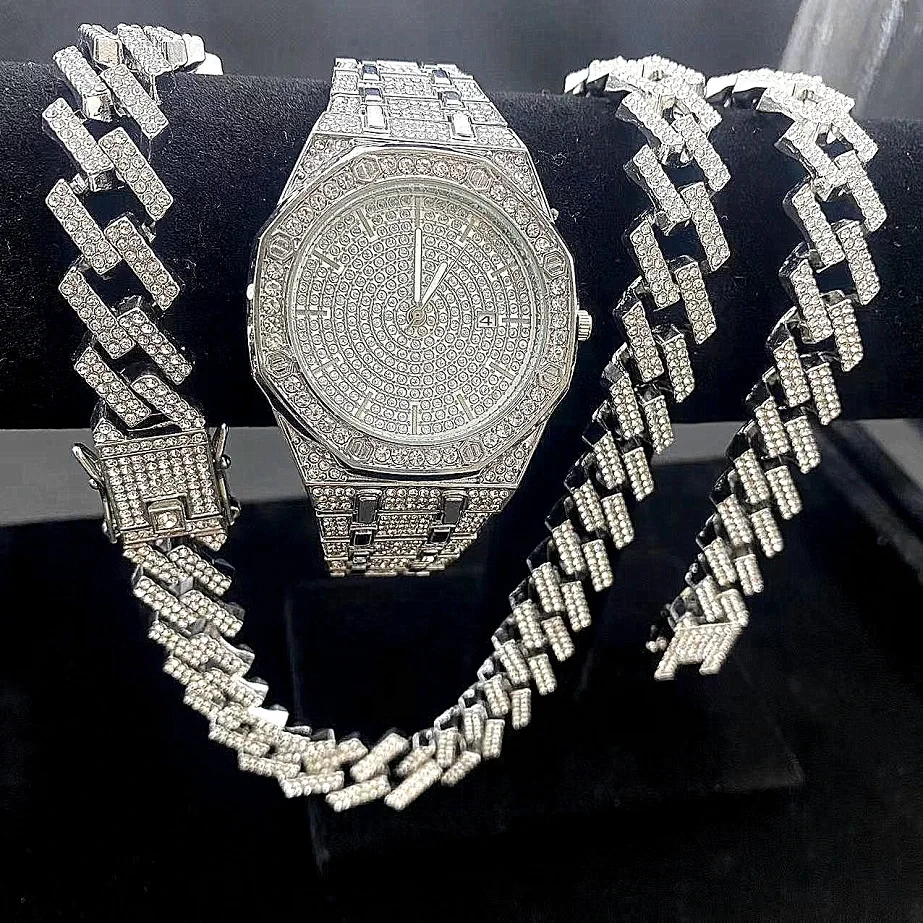 Free Sample High Quality Cuban Hip Hop Style Chains Bracelet Necklaces Set Watches Diamond Men Gift Watch 1