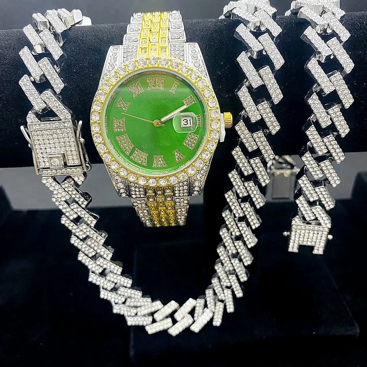 Muestra gratuita de relojes sencillos con diamantes para hombre, conjunto de collar y pulsera de estilo cubano, relojes de regalo exquisitos para hombre 1