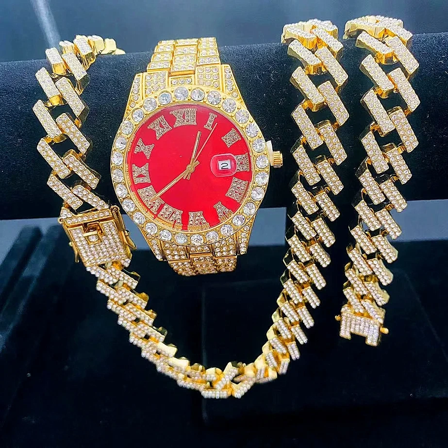 Free Sample Men Cuban Style Bracelet Necklace Set Watches Diamond Ornament Watch Male Exquisite Gift Watches 1