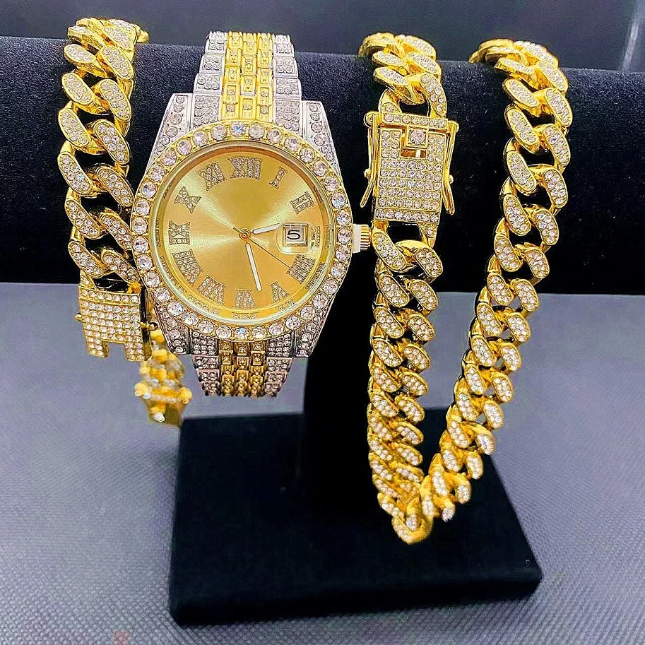 Kostenlose Probe der neuen Mode für Männer im kubanischen Hip-Hop-Stil, Armbanduhren, Armband und Halsketten, Set für Männer als Geschenk 1