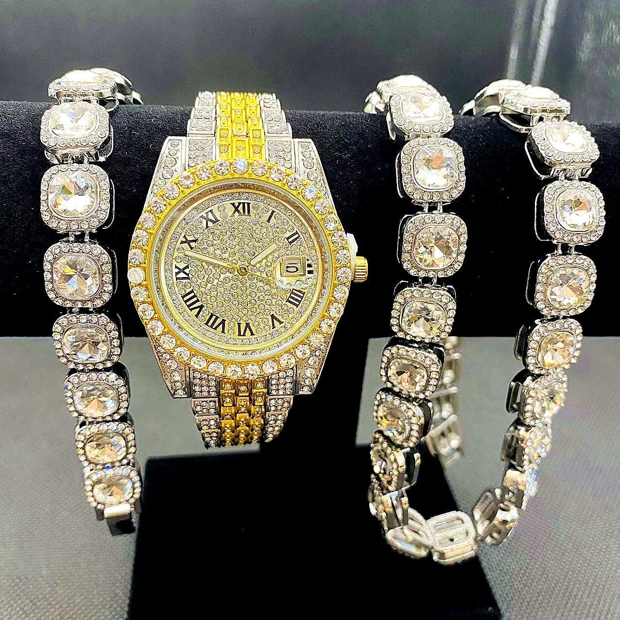 Free Sample Hip Hop Style Chain Bracelet Necklaces Set Watches Male Jewelry Set Gifts Watch 1