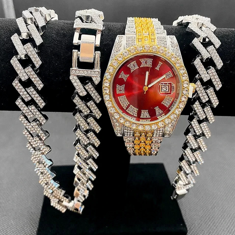 Muestra gratuita de relojes para hombre, cadenas de estilo cubano, collares, conjunto de pulsera, relojes, regalos masculinos, relojes de pulsera 1