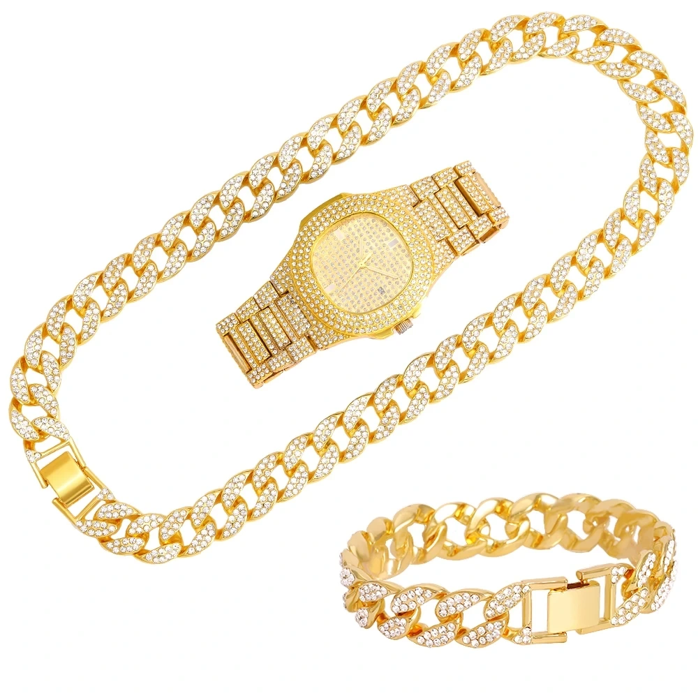 Free Sample Hip Hop Style Chain Necklace Watches Bracelet Set Men New Rhinestone Male Gift Watch 1