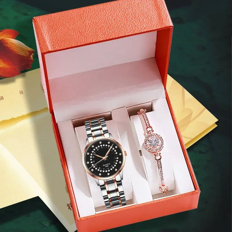 Set di braccialetti per orologio al quarzo da donna con campione gratuito, orologi da regalo con calendario femminile in acciaio impermeabile da donna 1