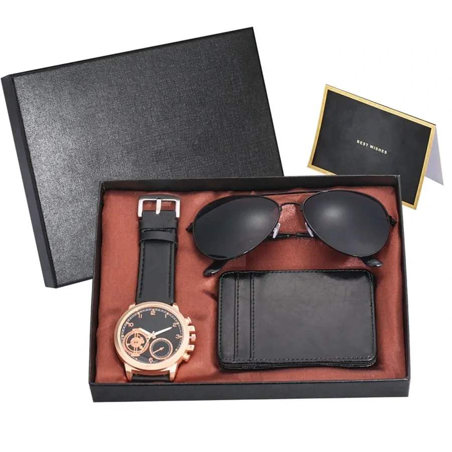 Free Sample Men Watch Leather Card Credit Holder Wallet Fashion Sunglasses Male Boyfriend Husband Unique Gift Watches Set 1