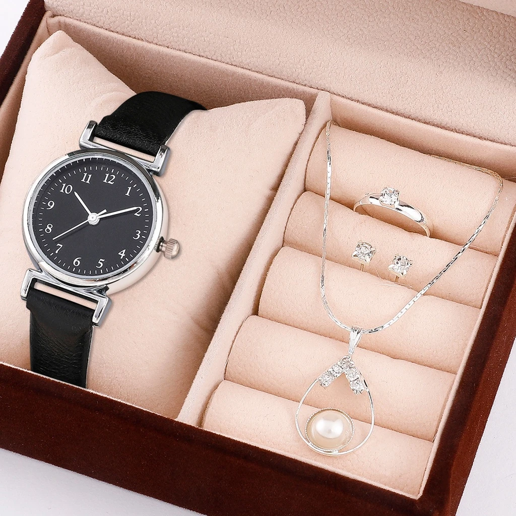 Free Sample Simple Round Dial Quartz Women's Watches Necklace Ring Earrings Female Gift Wristwatches 4