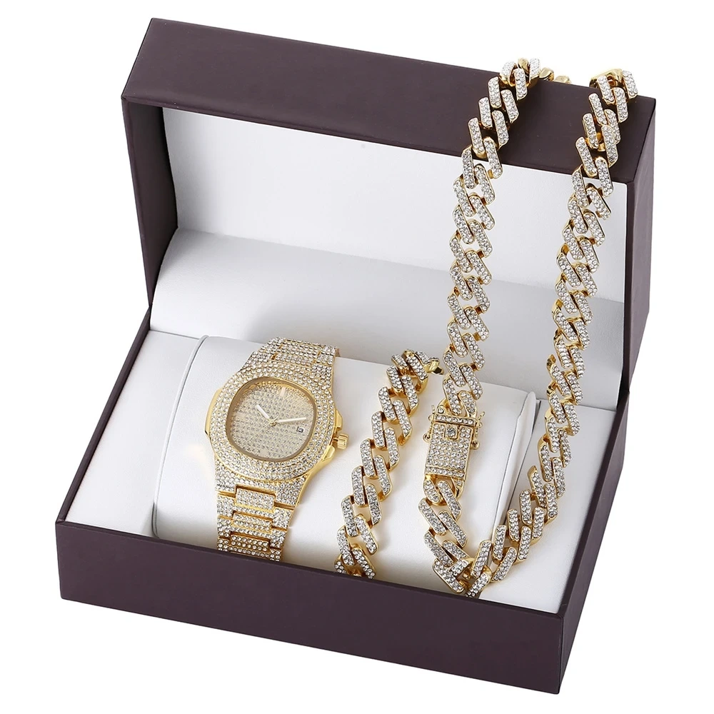 Conjunto de reloj para hombre, conjunto de pulsera, collar de cadena estilo cubano Hip Hop, relojes de regalo masculinos con diamantes de imitación 1