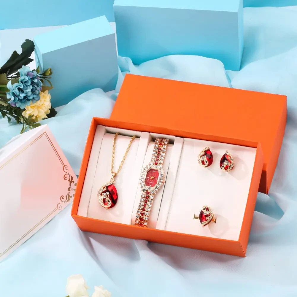 Free Sample Women Gift Set Elegant Quartz Wristwatch Ladies Diamond Crystal Earrings Ring Bracelet Set Watch 1