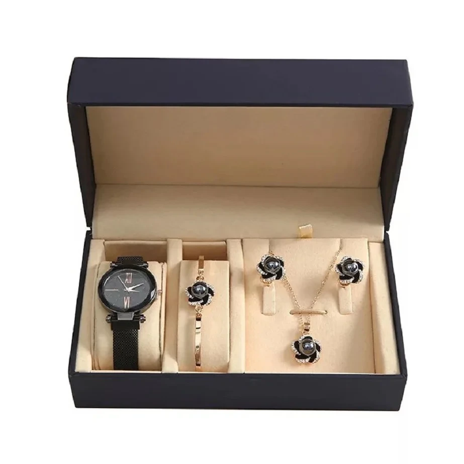 Muestra gratis, nuevos relojes de moda para mujer, conjunto de pendientes de diamantes, collar, pulsera, reloj de regalo de San Valentín para mujer 1