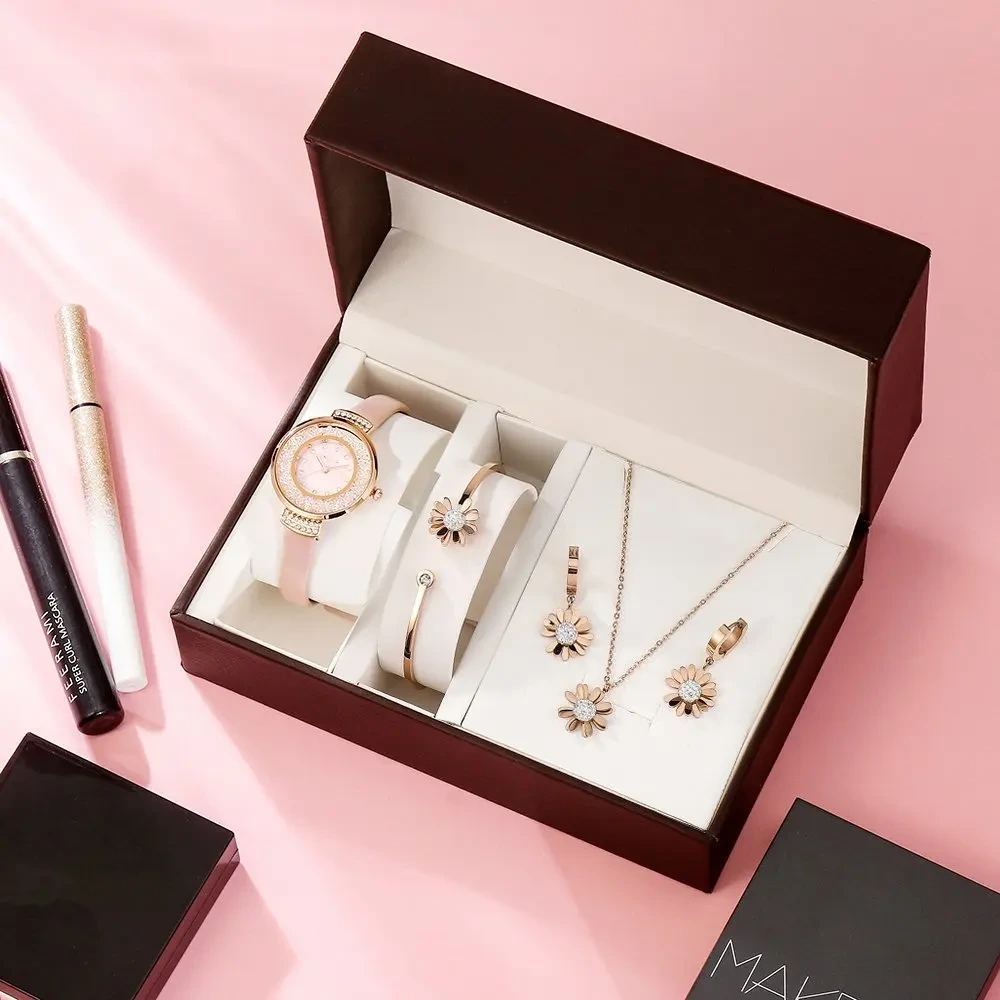 Set regalo da donna in pelle di buona qualità con campione gratuito, orologi da polso da donna in acciaio inossidabile con movimento giapponese impermeabile 1