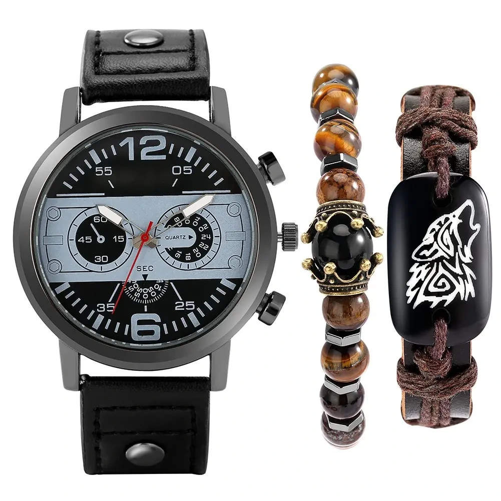 Free Sample Men Watch Bracelet Set Quartz Wristwatches Leather Business Boyfriend Husband Gift Watches 1