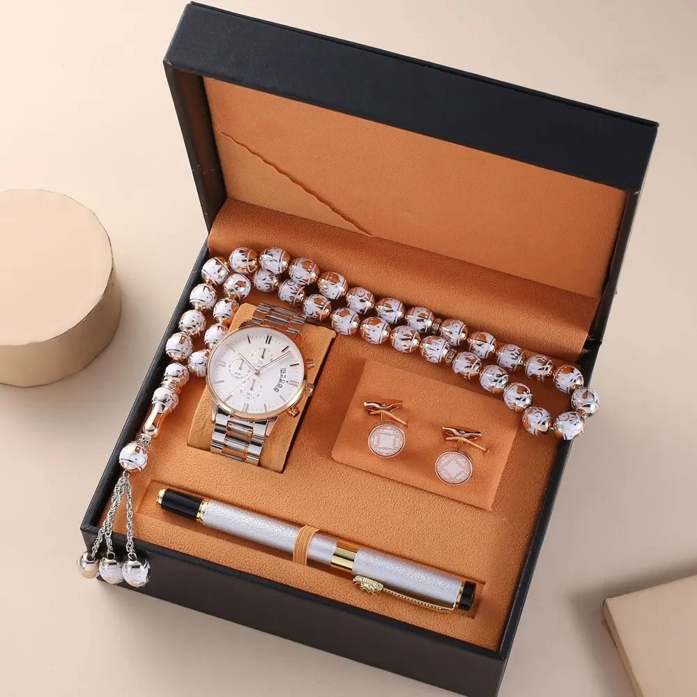Muestra gratuita de alta calidad para hombre, relojes de pulsera de cuarzo, pulsera con Rosario, bolígrafo, conjunto de regalo para hombre 1