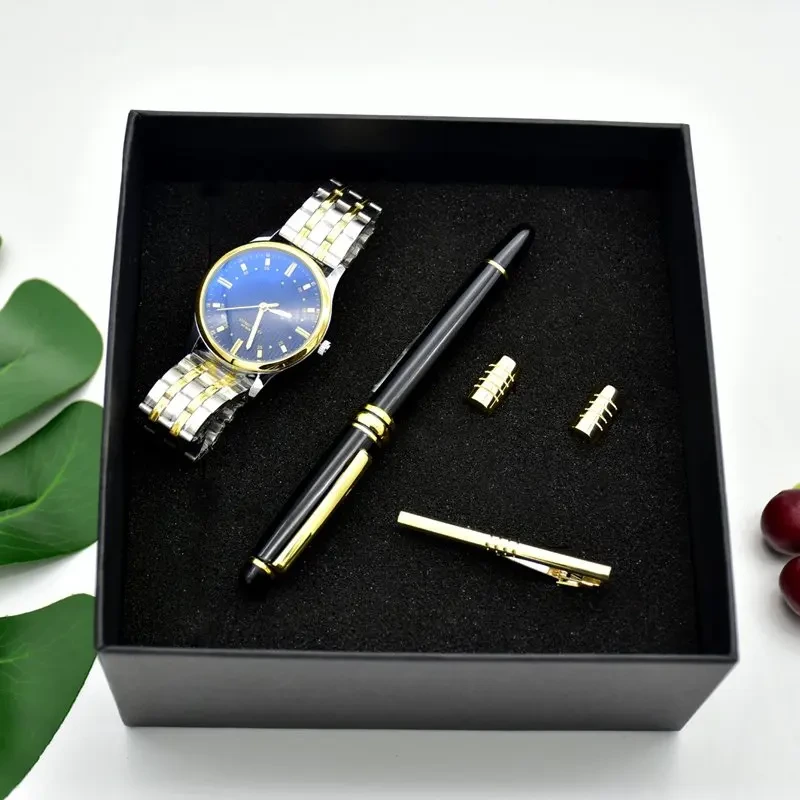 Muestra gratis, reloj de moda para hombre, relojes de cuarzo de acero inoxidable para hombre, Clip de corbata, bolígrafo para firmar, conjuntos de regalo, reloj 1