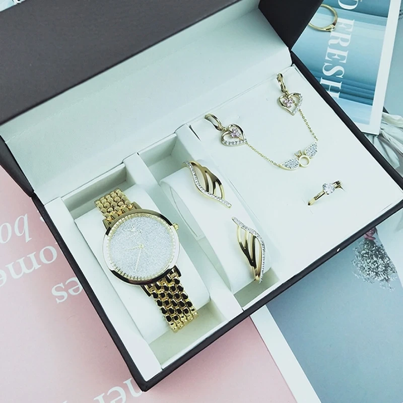 Campione gratuito Moda Donna Creativo Semplice Orologio Bracciale Collana Orecchini Anello Set Set regalo femminile Orologi al quarzo 1