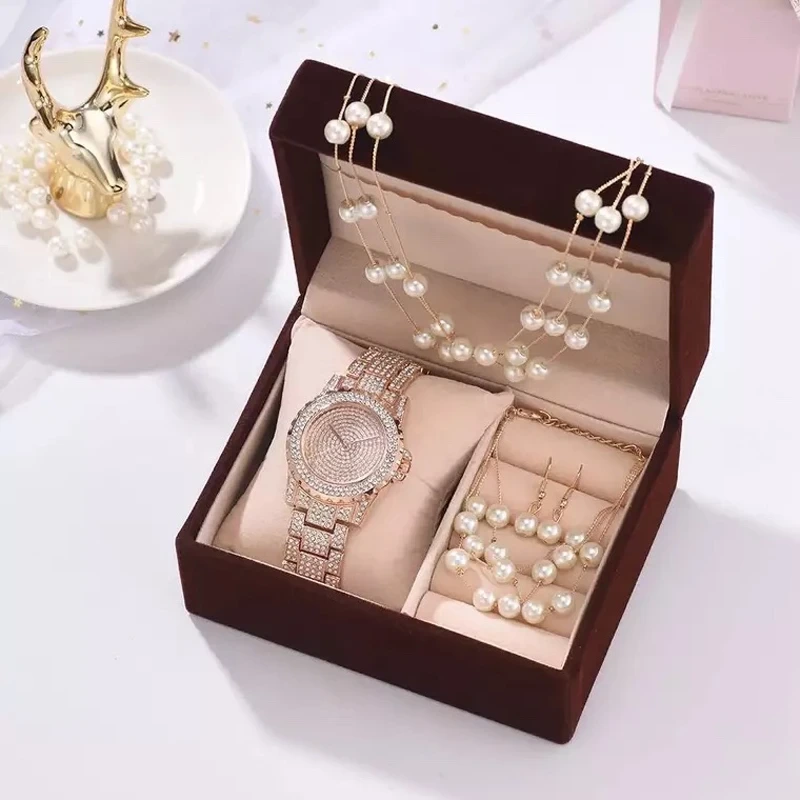 Free Sample Watches Set Women Diamond Rhinestone Quartz Watch Pearl Necklace Bracelet Earrings Gifts Sets Watches 1