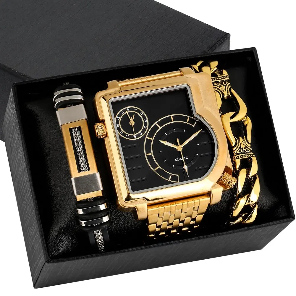 Muestra gratuita de reloj de pulsera de cuarzo para hombre, pulsera cuadrada de doble zona horaria, moda de negocios, conjunto de relojes de regalo 1