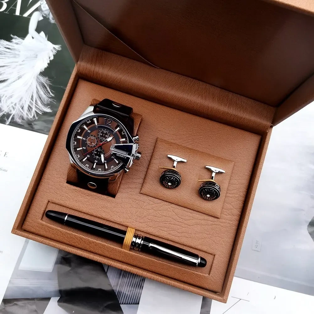 Free Sample Men Fashion Sport Quartz Watch Genuine Leather Strap Calendar Wristwatch Signature Pen Gift Watch 1