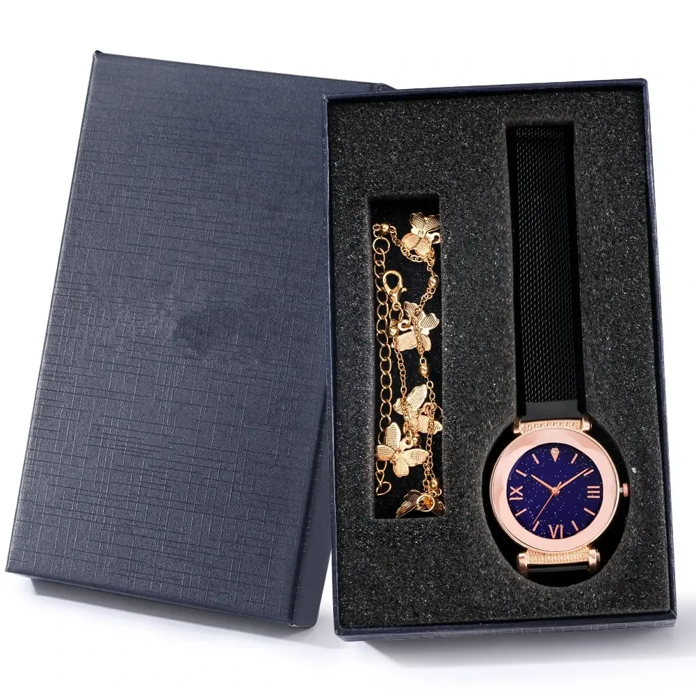 Muestra gratis, reloj de pulsera clásico de cuarzo para mujer, correa de malla de acero inoxidable, pulsera de mariposa para mujer, conjunto de relojes para regalo de cumpleaños 1
