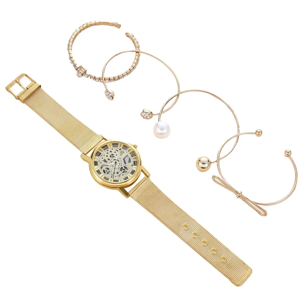 Creative Fashion Hollowed-out Temperament All-purpose Men Women Quartz With Pearl Bracelet Watch Set 1