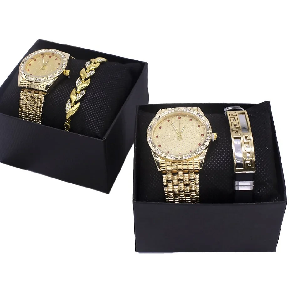 Nuevo estilo, relojes con incrustaciones de diamantes para parejas, conjunto de pulsera, regalo con caja, reloj de pulsera delicado 1