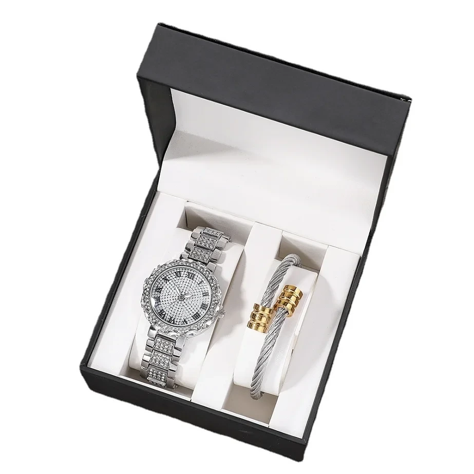 Conjunto de reloj Reloj de pulsera de cuarzo con diamantes y pulsera cuadrada universal de acero inoxidable para hombres y mujeres 1