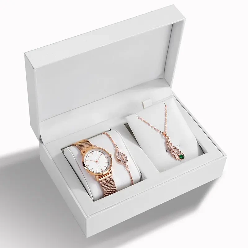 Free Sample New Women's Suit Small Gift Box Mesh Band Quartz Watch Leaf Bracelet Necklace Valentine's Gift Watches Sets 1