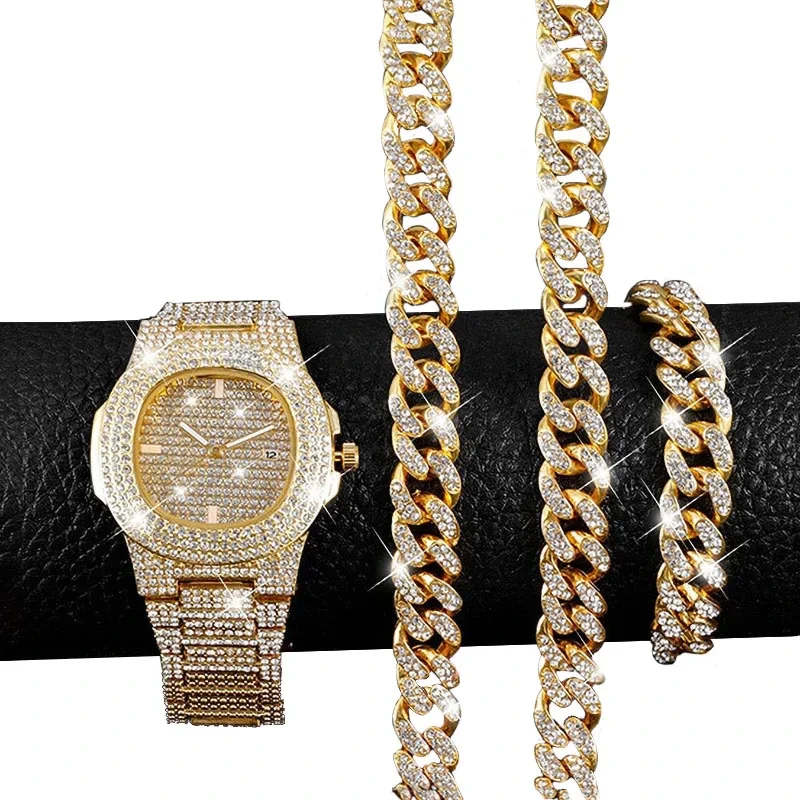 Free Sample Fashion Bracelet Suit Diamond Square Watch Bracelet Necklace Hip-hop Style Watch Set 1