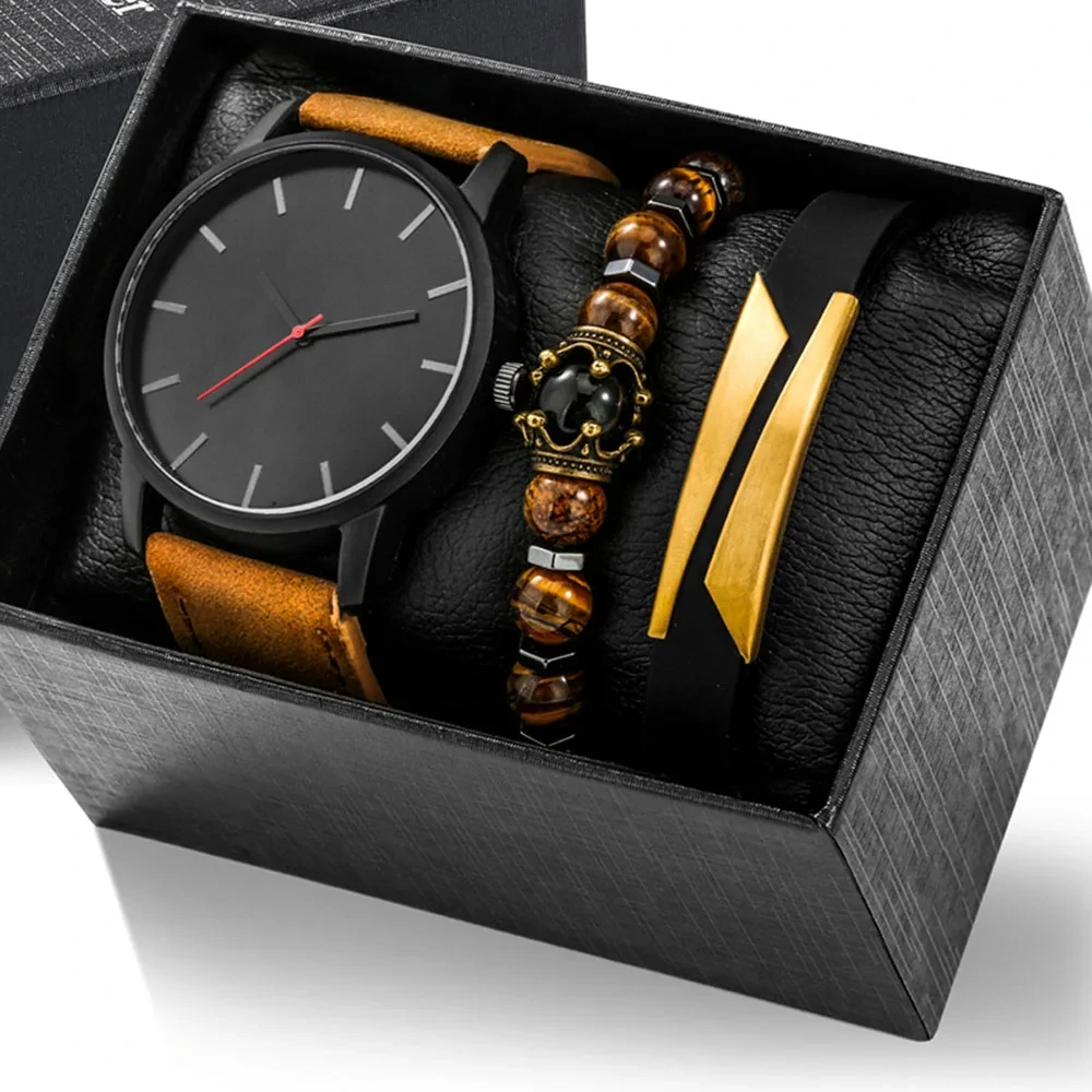 Free Sample Men's Simple Fashion Casual Leather Belt Quartz Watch Crown Tiger Eye Bracelet Titanium Alloy Bracelet Set Watches 1