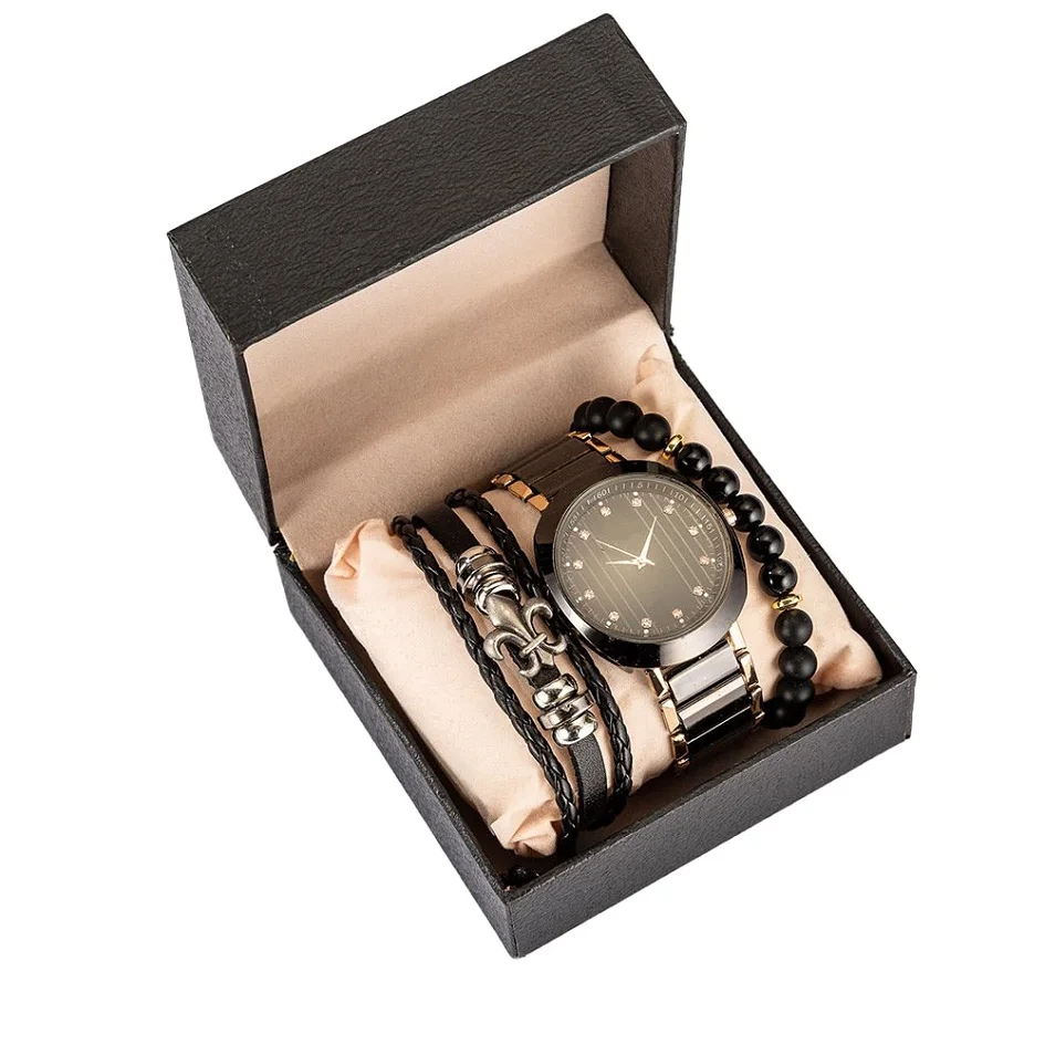 Free Sample Exquisite Packaging Bracelet Set Steel Band Quartz Watch Business Leisure Personality Oversized Dial Men Watch 1