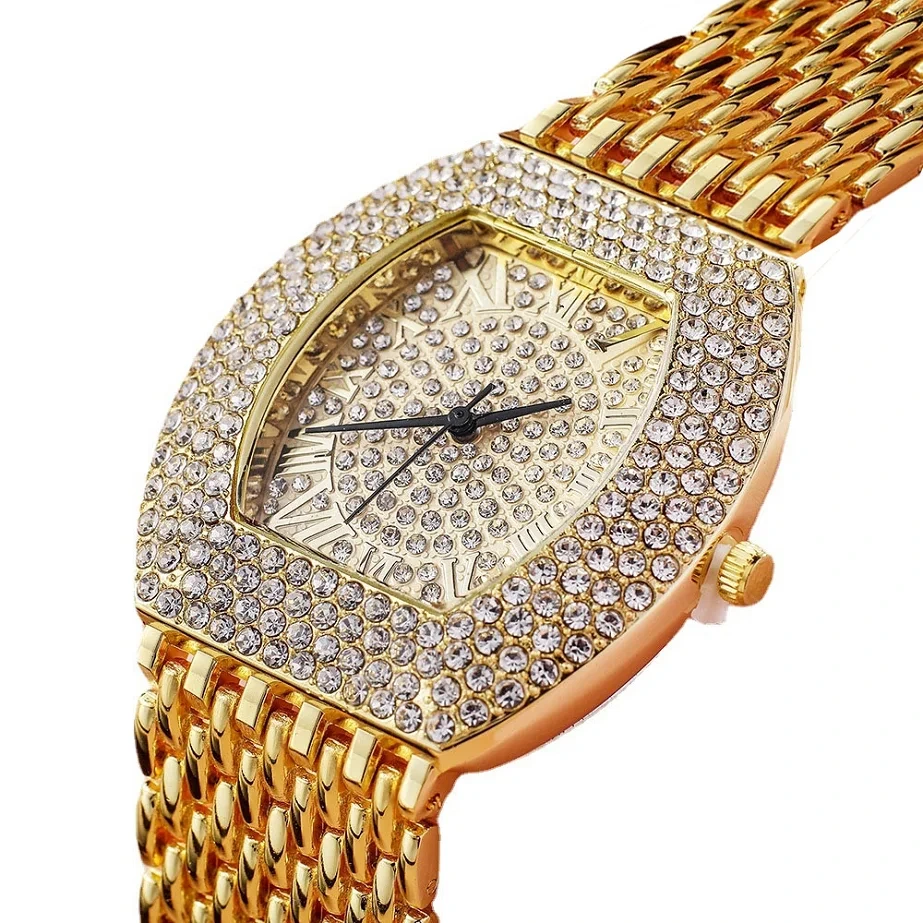 Campione gratuito di orologio da donna con cinturino in acciaio a forma di barilotto di diamanti, modello romano, set di braccialetti per orologio da polso al quarzo 1