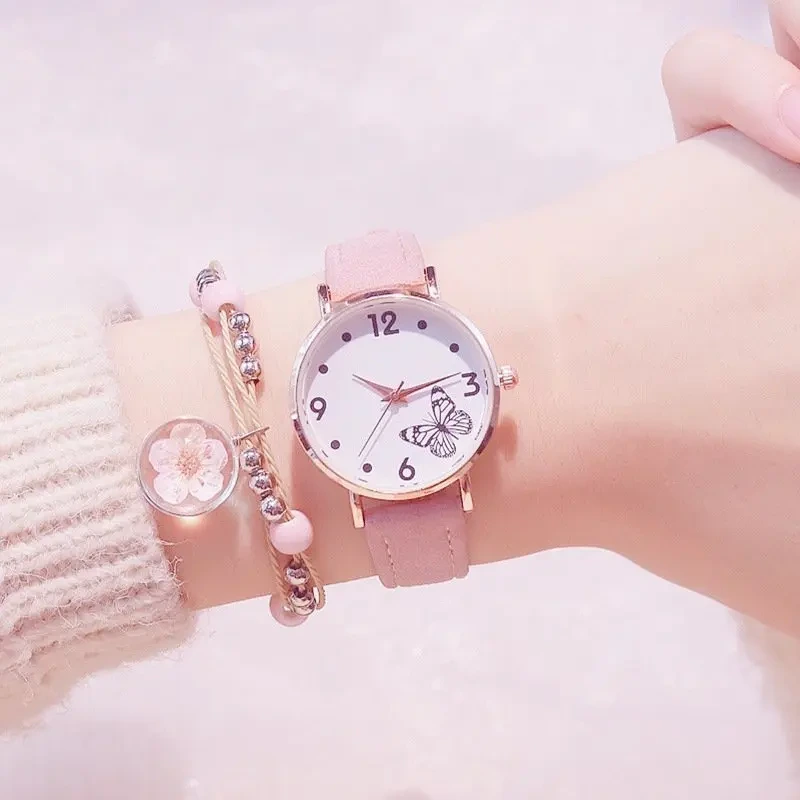 Free Sample Women's Fashion Watch Flower Bracelet Suit Butterfly Dial Leather Belt Quartz Female Gift Watches 1