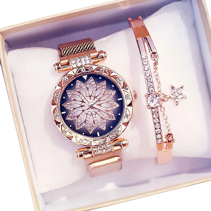 Free Sample Women Magnet Buckle Lucky Flower Watch Ladies Rhinestone Quartz Bracelet Set Gift Watches 1